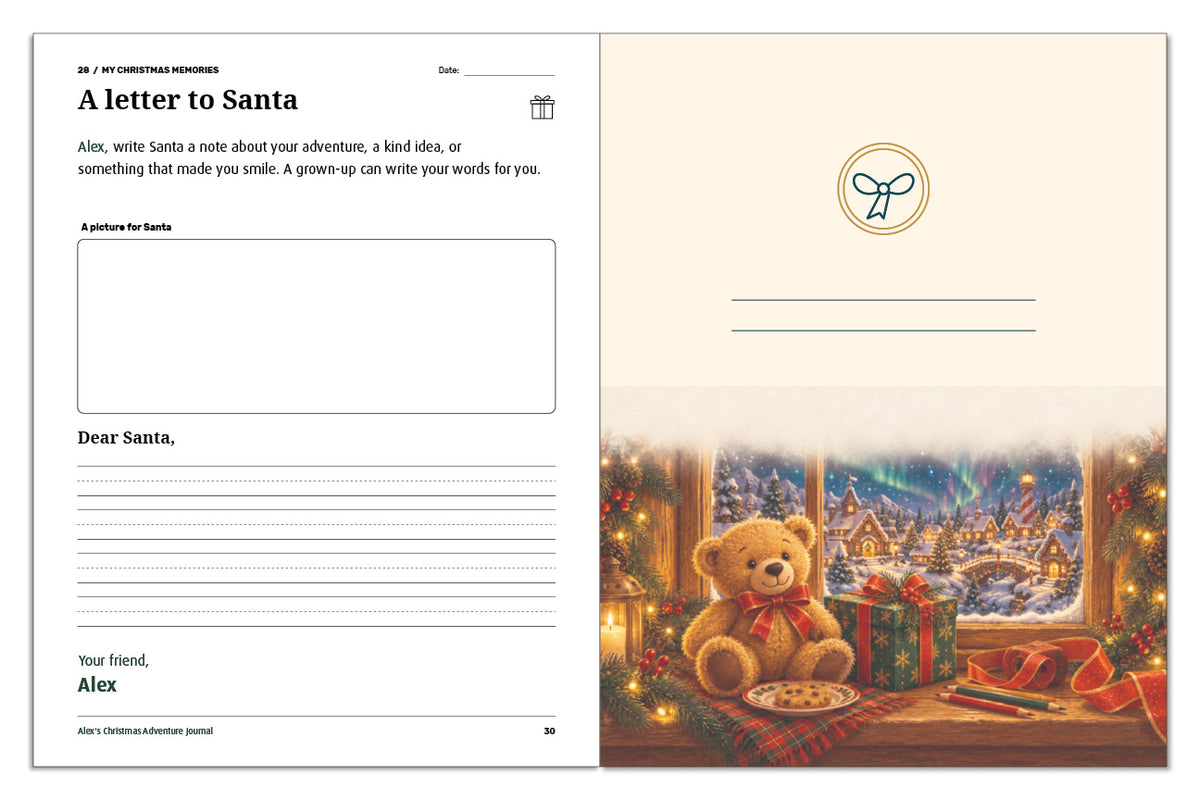 Letter-to-Santa page personalized for Alex beside a teddy bear, cookie, and present overlooking a snowy Christmas village.