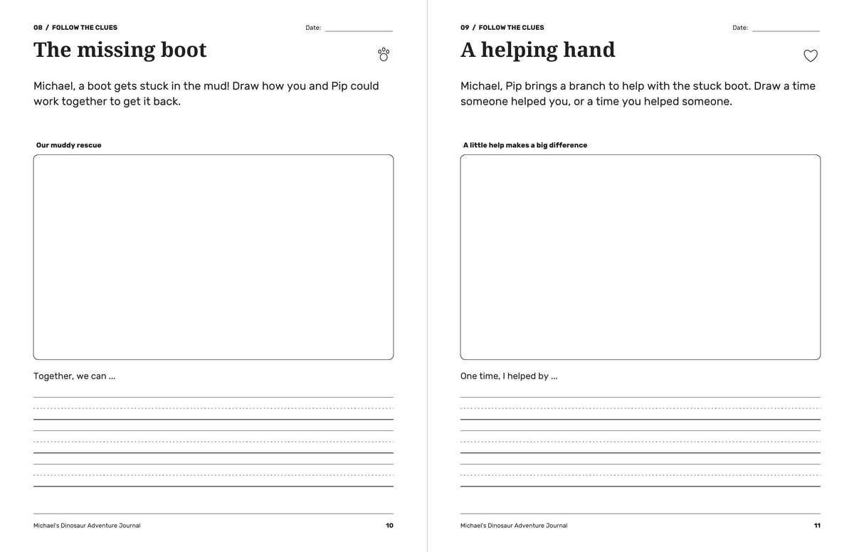 Dinosaur journal prompts about rescuing a boot from mud and remembering a time someone offered a helping hand.