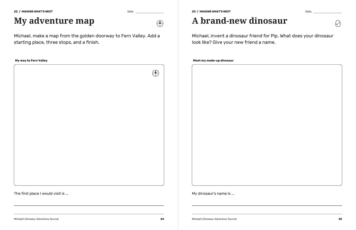 Dinosaur journal activities for drawing an adventure map and inventing a brand-new dinosaur friend.