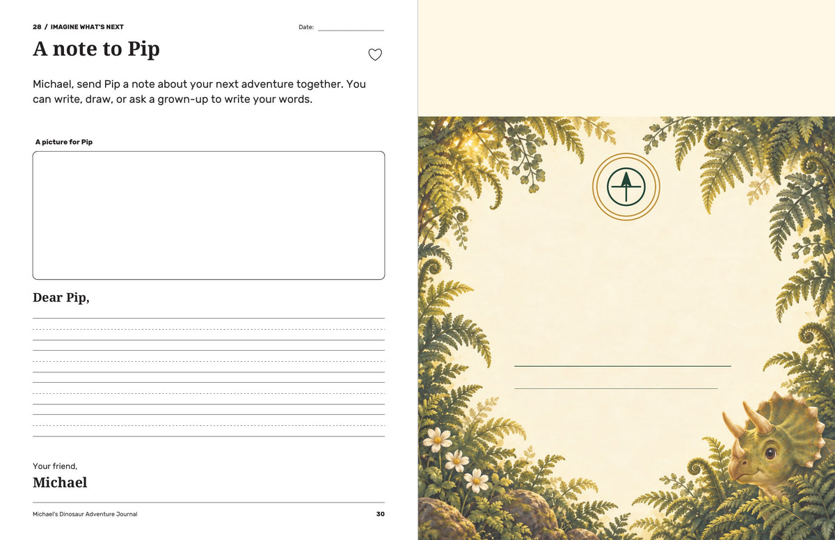 Personalized note-to-Pip writing and drawing page beside the illustrated inside back cover with a compass and blank lines.