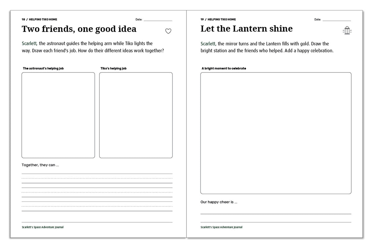 Space journal prompts for teamwork between the astronaut and Tiko, and celebrating the Lantern shining again.