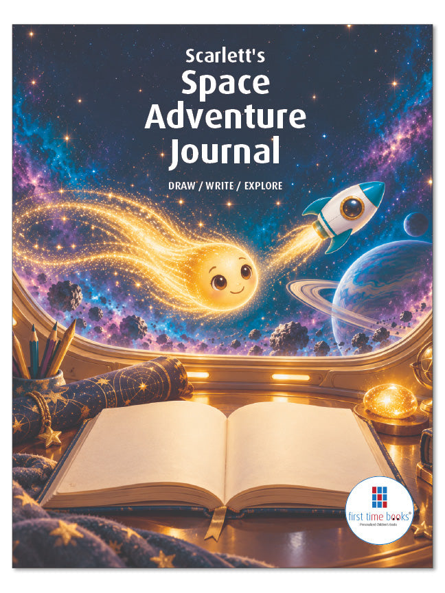 Scarlett's Space Adventure Journal cover, with Tiko the golden comet, a turquoise rocket, and an open journal.
