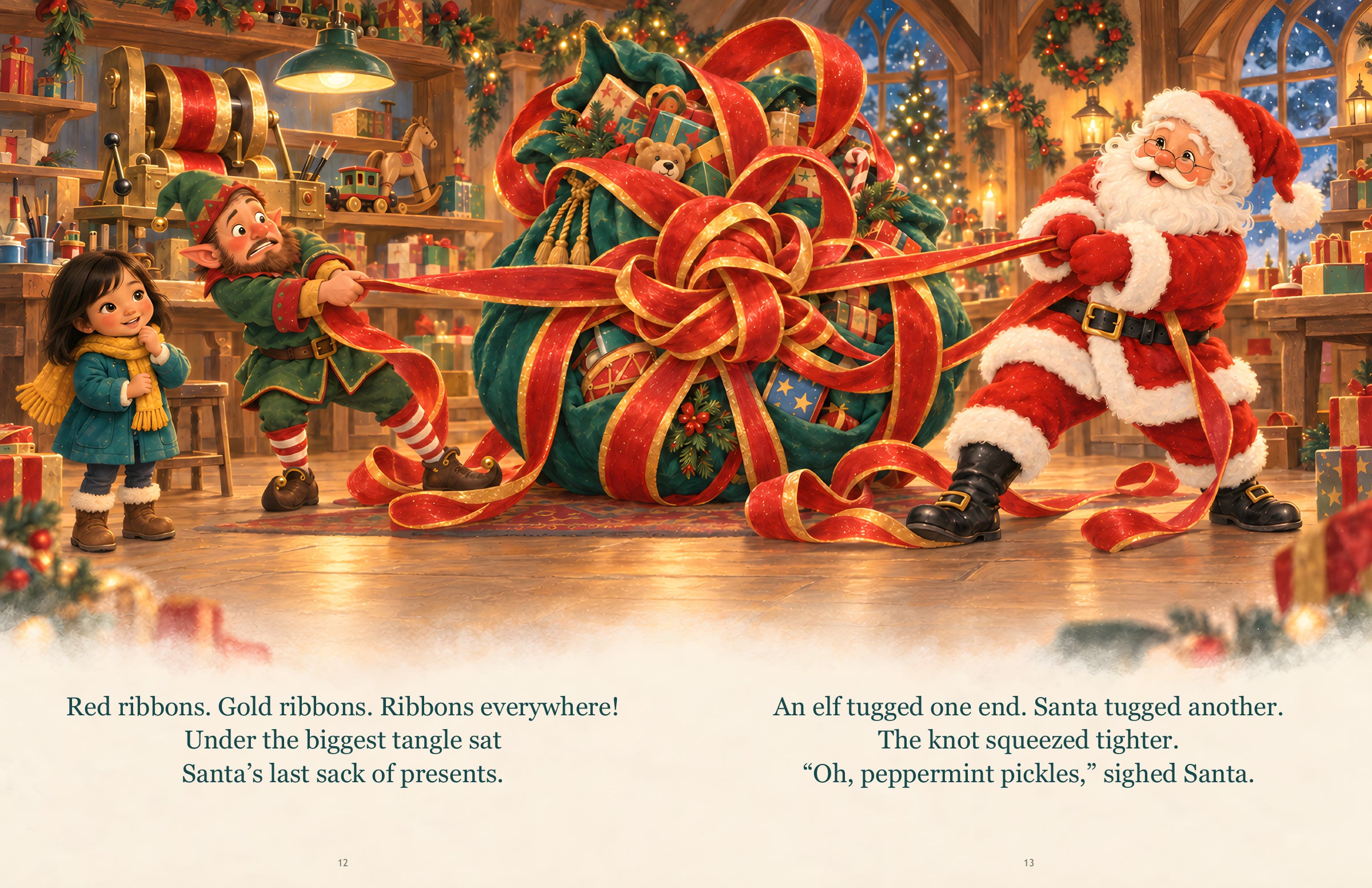 Santa and a child discover the giant ribbon tangle in the workshop — sample story text, pages 12–13