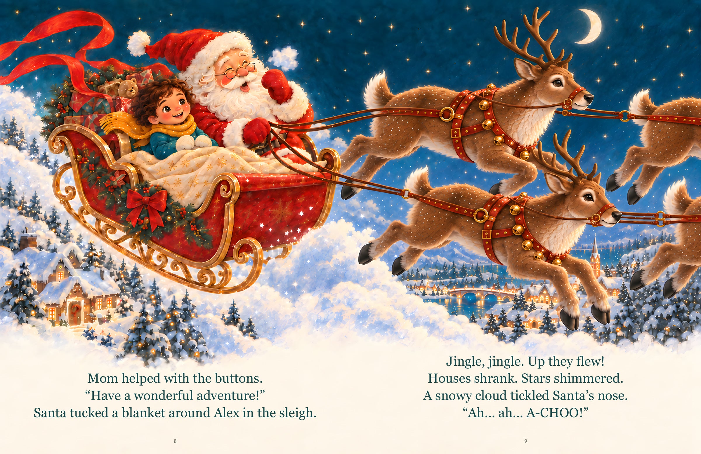 A child and Santa fly toward the North Pole beneath the stars — sample story text, pages 8–9