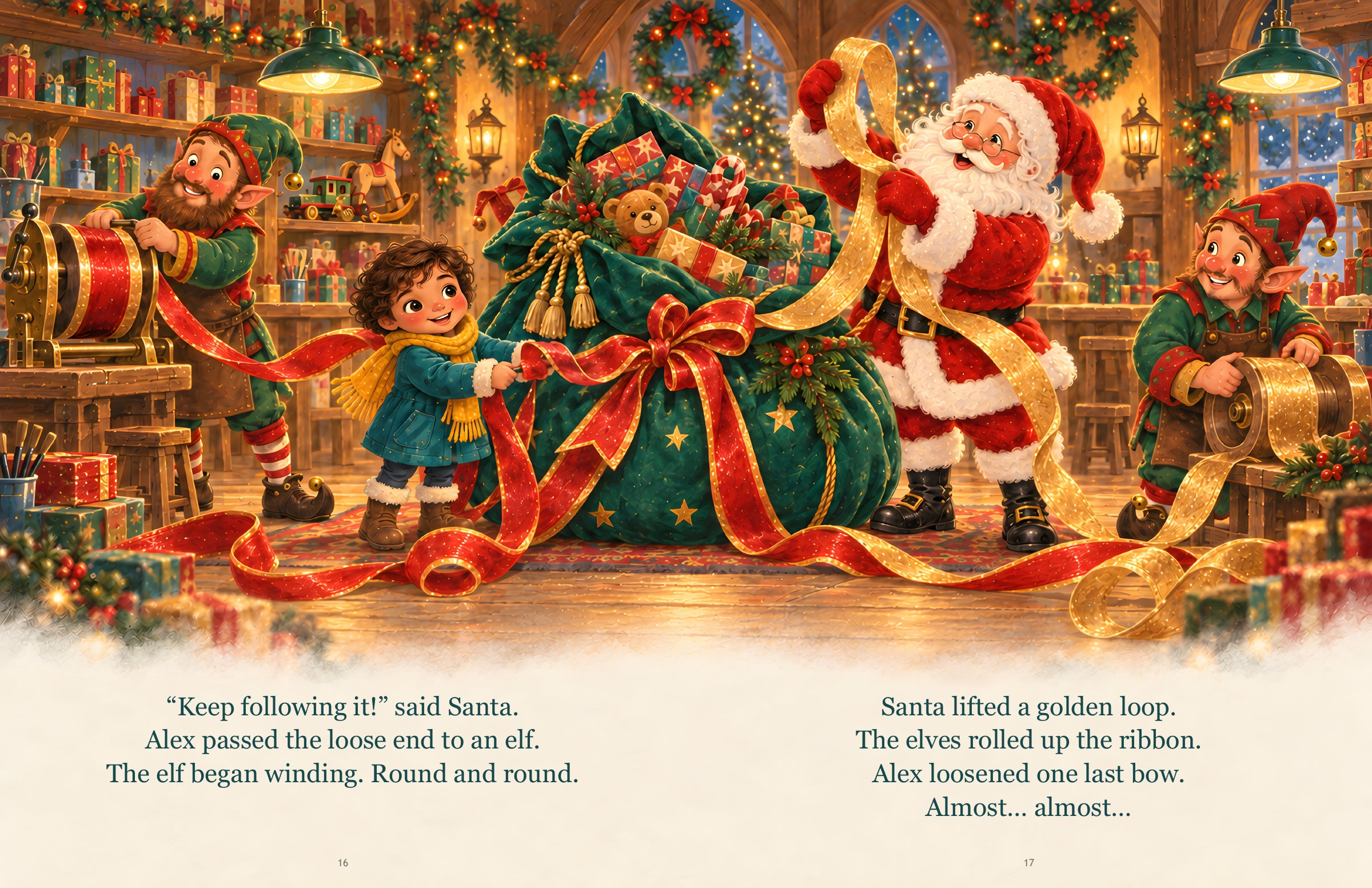 A child helps Santa and the elves unwind the ribbons together — sample story text, pages 16–17