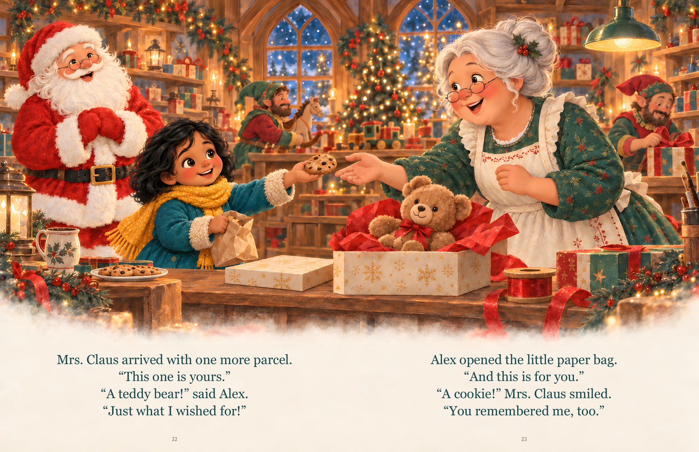 Mrs. Claus brings a teddy bear surprise and the child shares a saved cookie — sample story text, pages 22–23