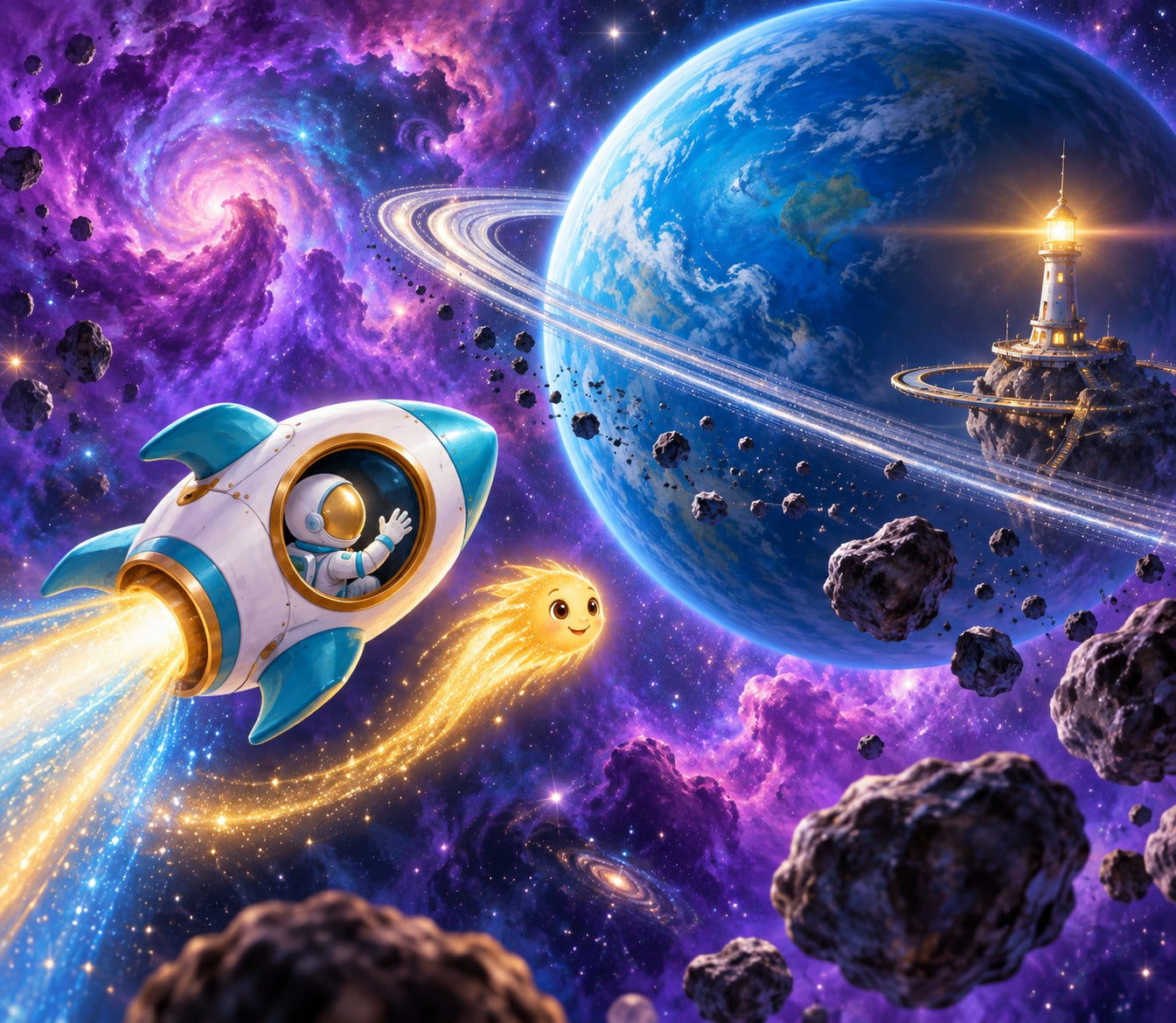 A child astronaut and Tiko discover a brilliant blue planet with silver rings