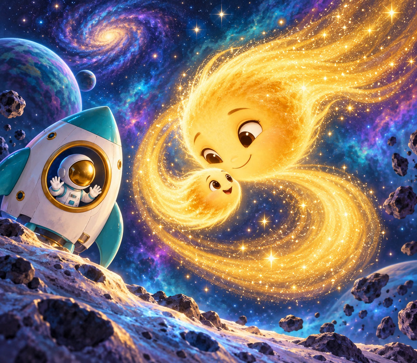 Tiko reunites with a larger golden comet after finding the way home