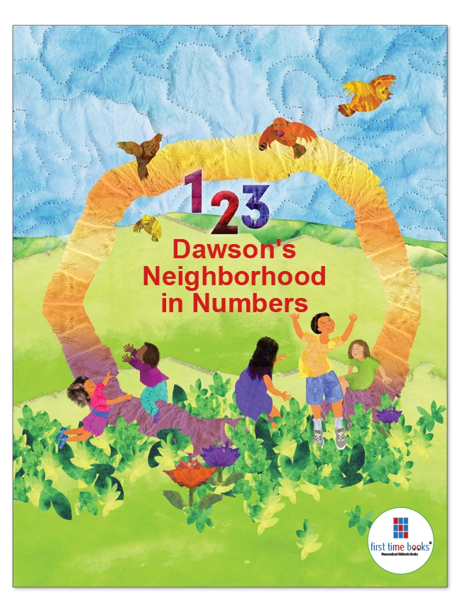 Personalized Neighborhood in Numbers Book cover featuring the child’s name, children, flowers, birds, and the numbers one, two, and three