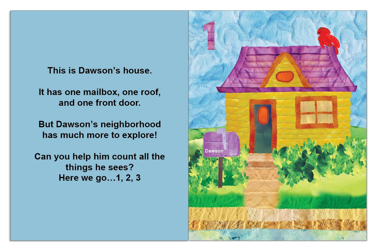 Personalized Neighborhood in Numbers spread introducing the child’s house and the number one