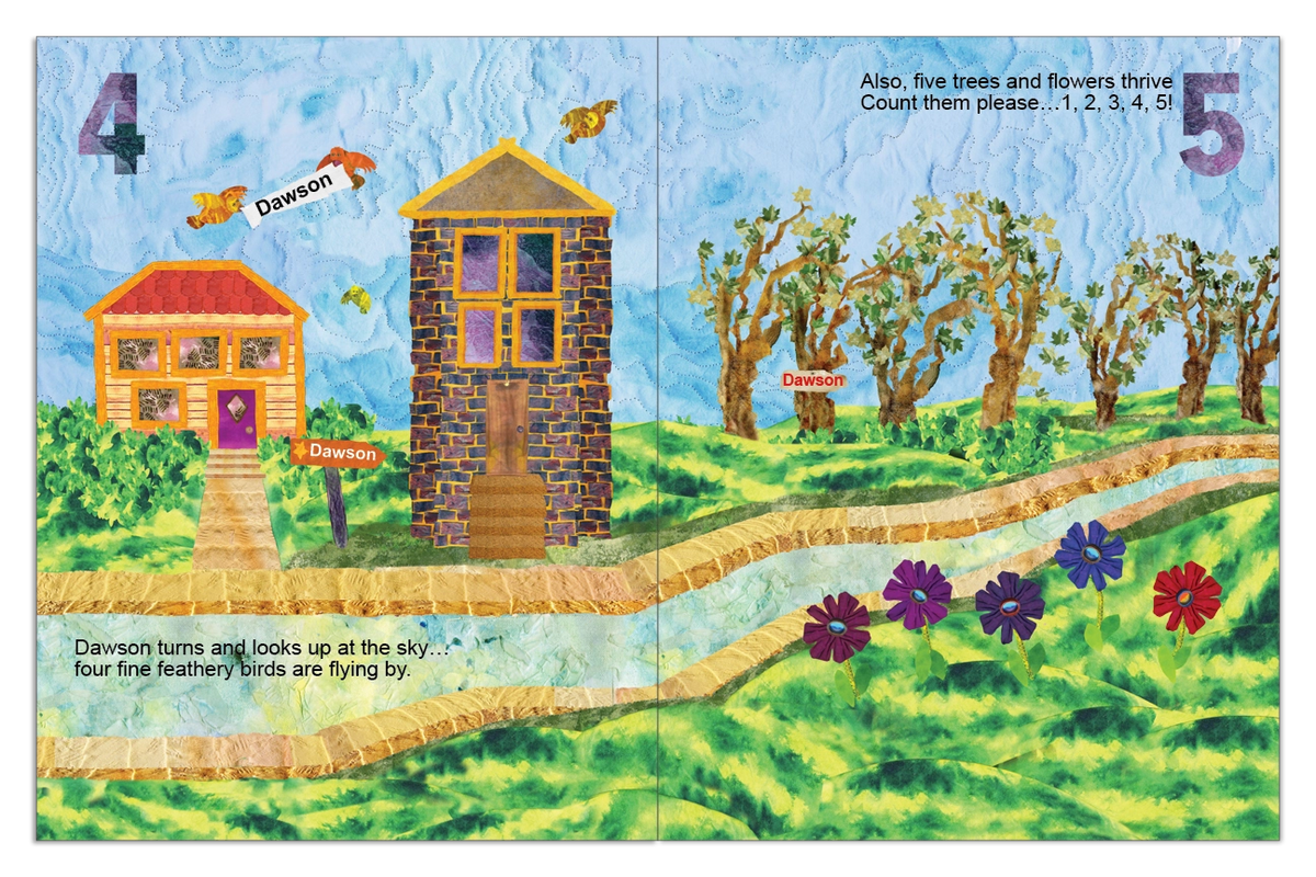 Neighborhood in Numbers spread featuring four birds, five trees, and five flowers