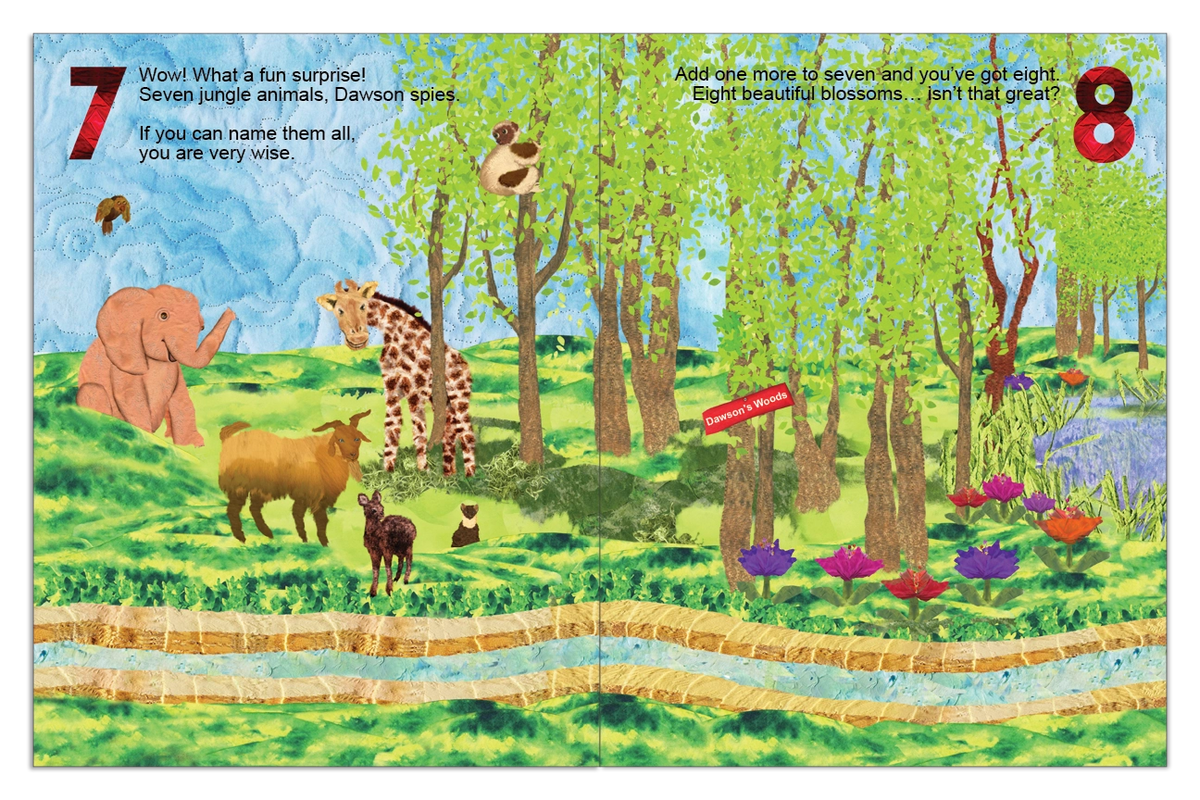 Neighborhood in Numbers spread inviting the child to count seven animals and eight blossoms
