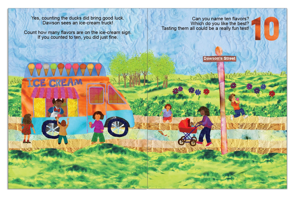 Neighborhood in Numbers spread featuring an ice-cream truck and ten colorful flavors