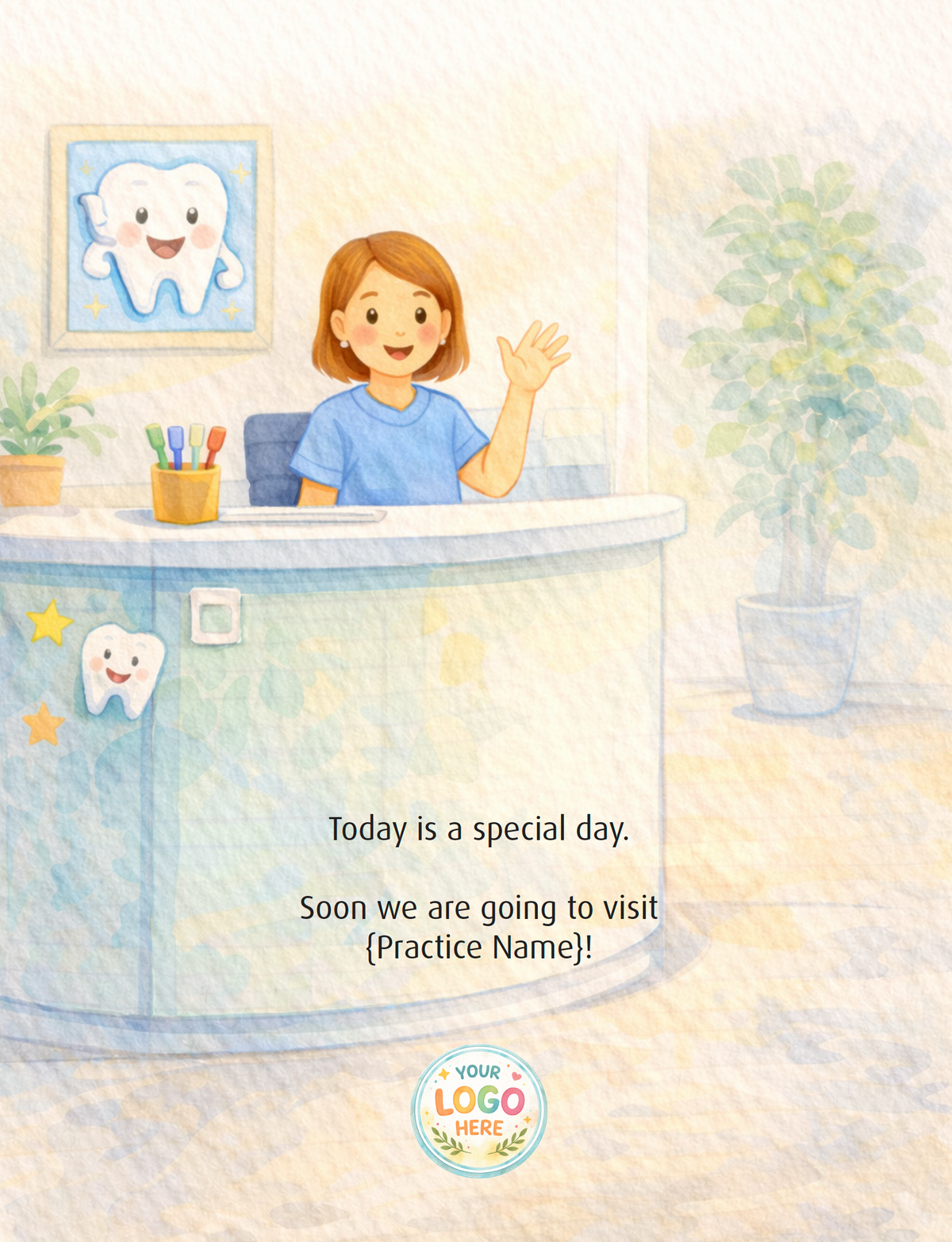 Watercolor dentist visit scene from the customized practice book