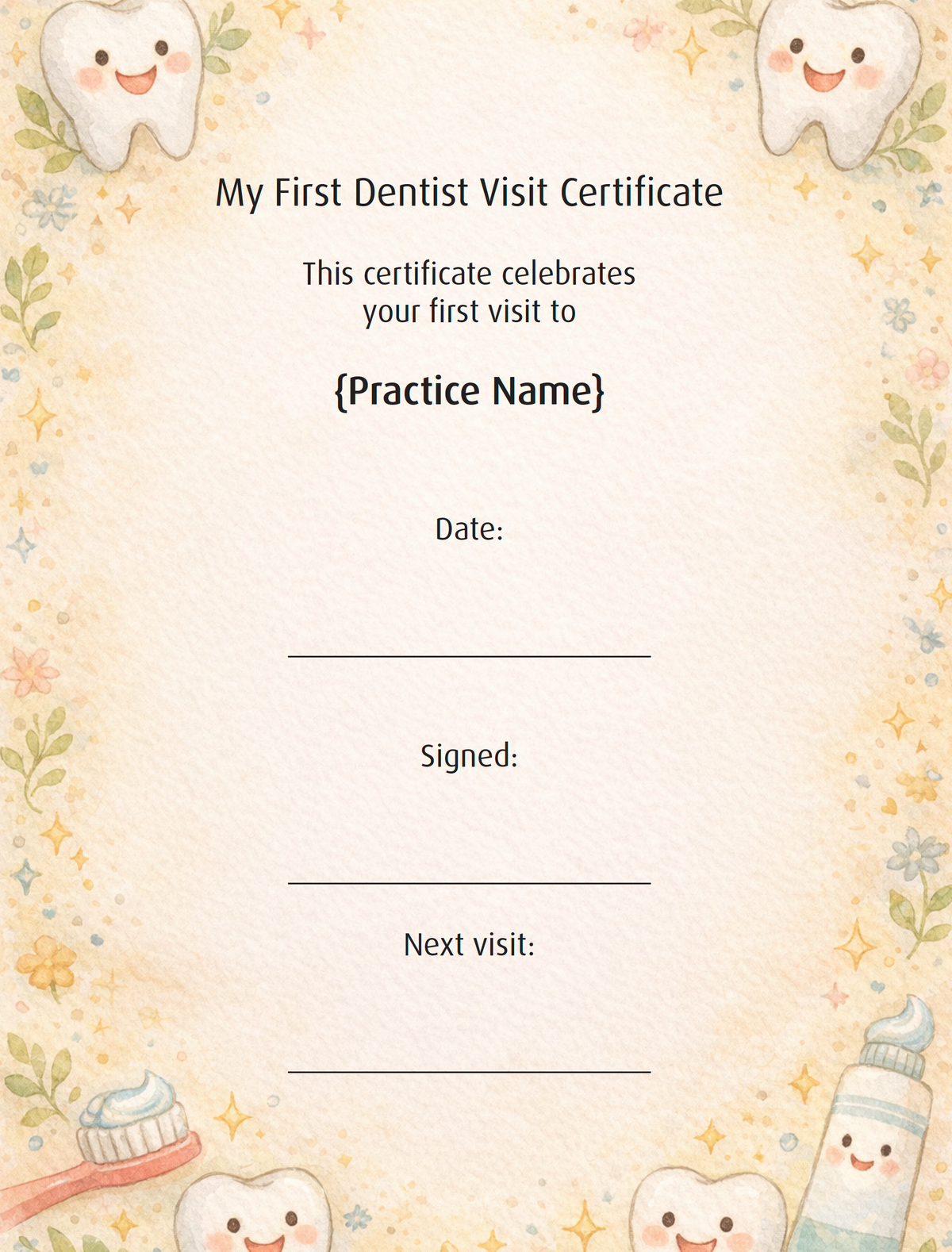 First dentist visit certificate page from the practice edition
