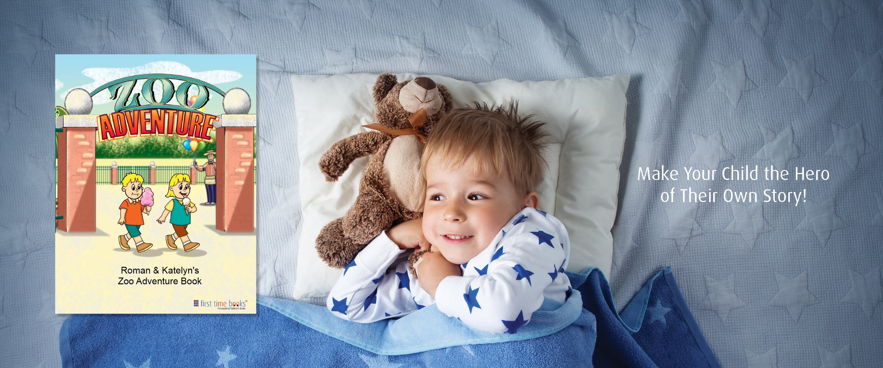 A smiling child reading a personalized storybook from First Time Books, featuring their name and likeness in the illustrations.
