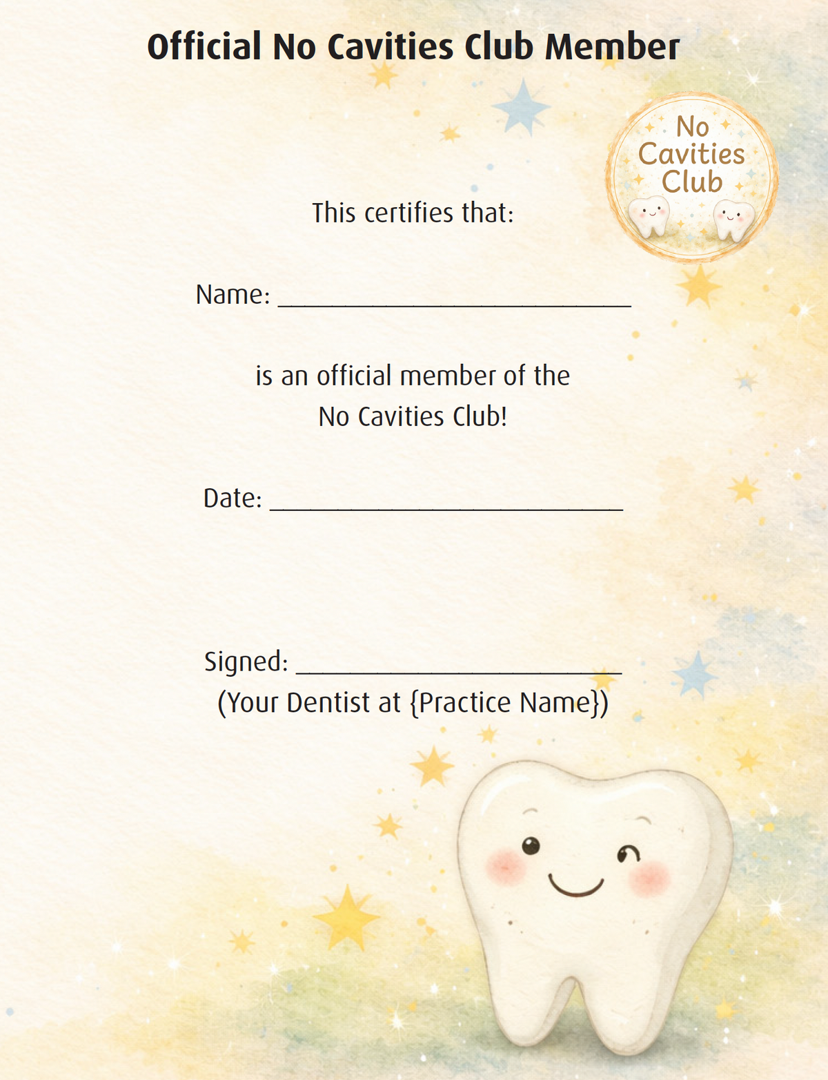 Certificate page from the No Cavities Club book