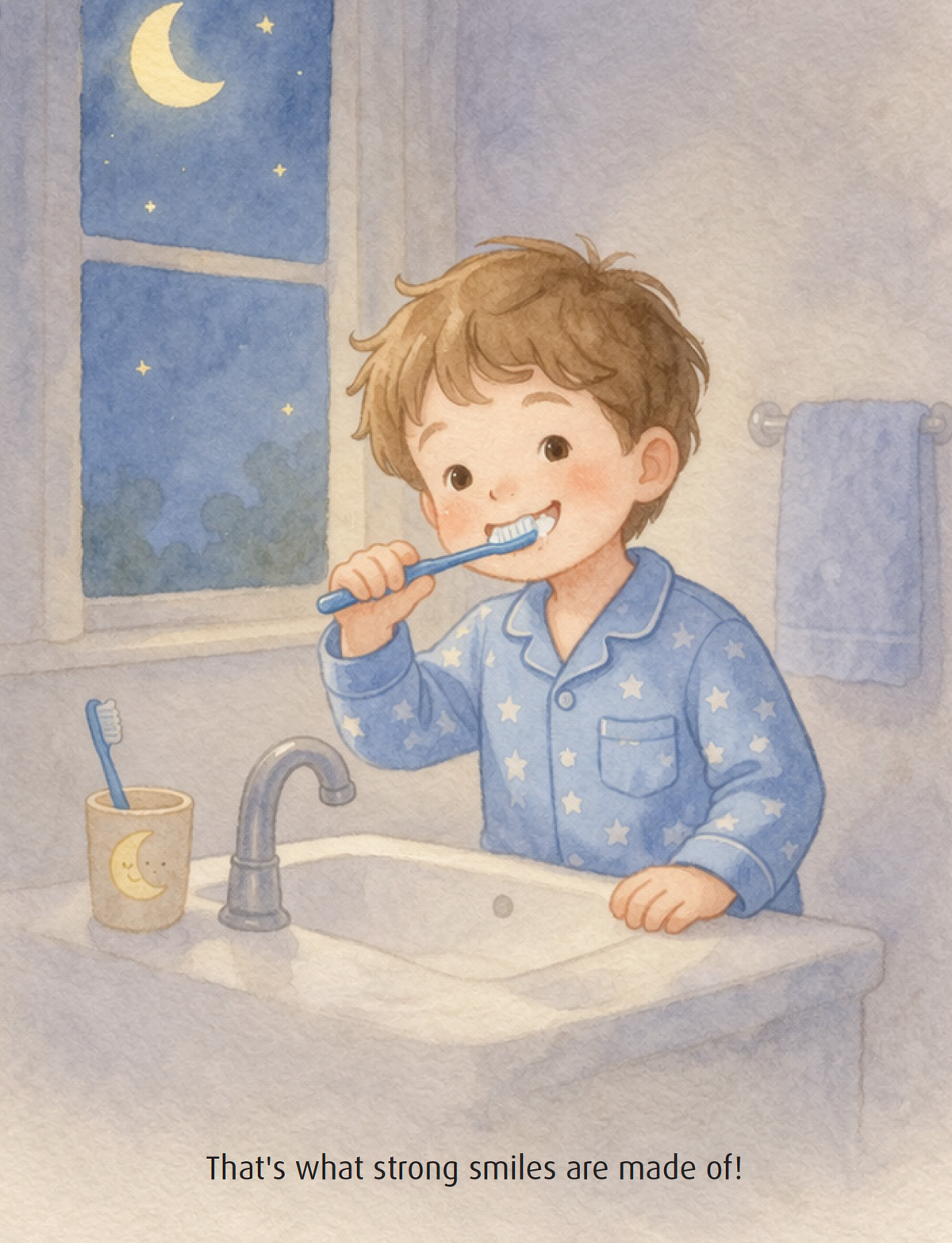 A child brushes their teeth in the No Cavities Club storybook
