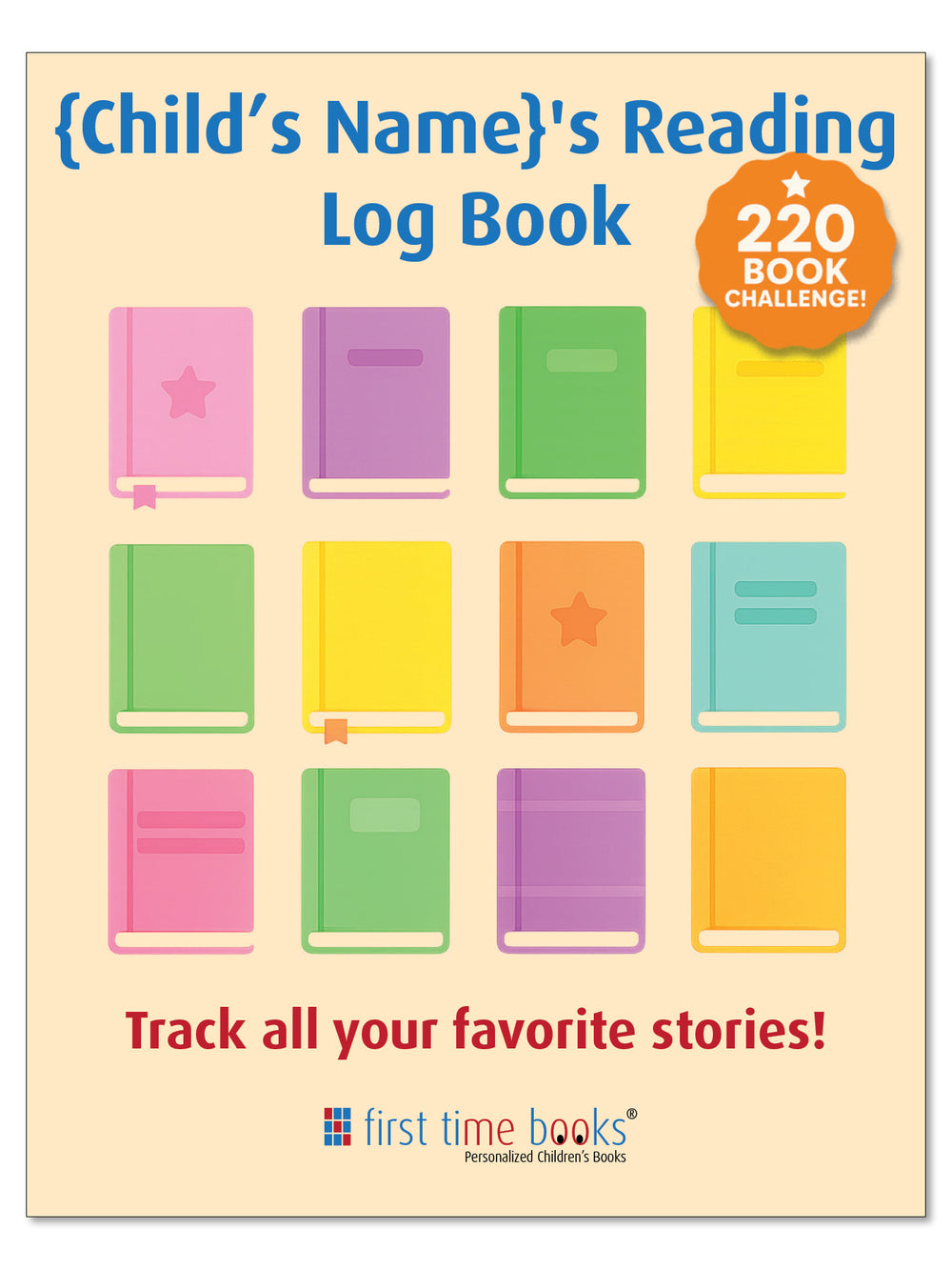 Personalized Reading Log Book cover featuring the child’s first name and a cheerful stack of books