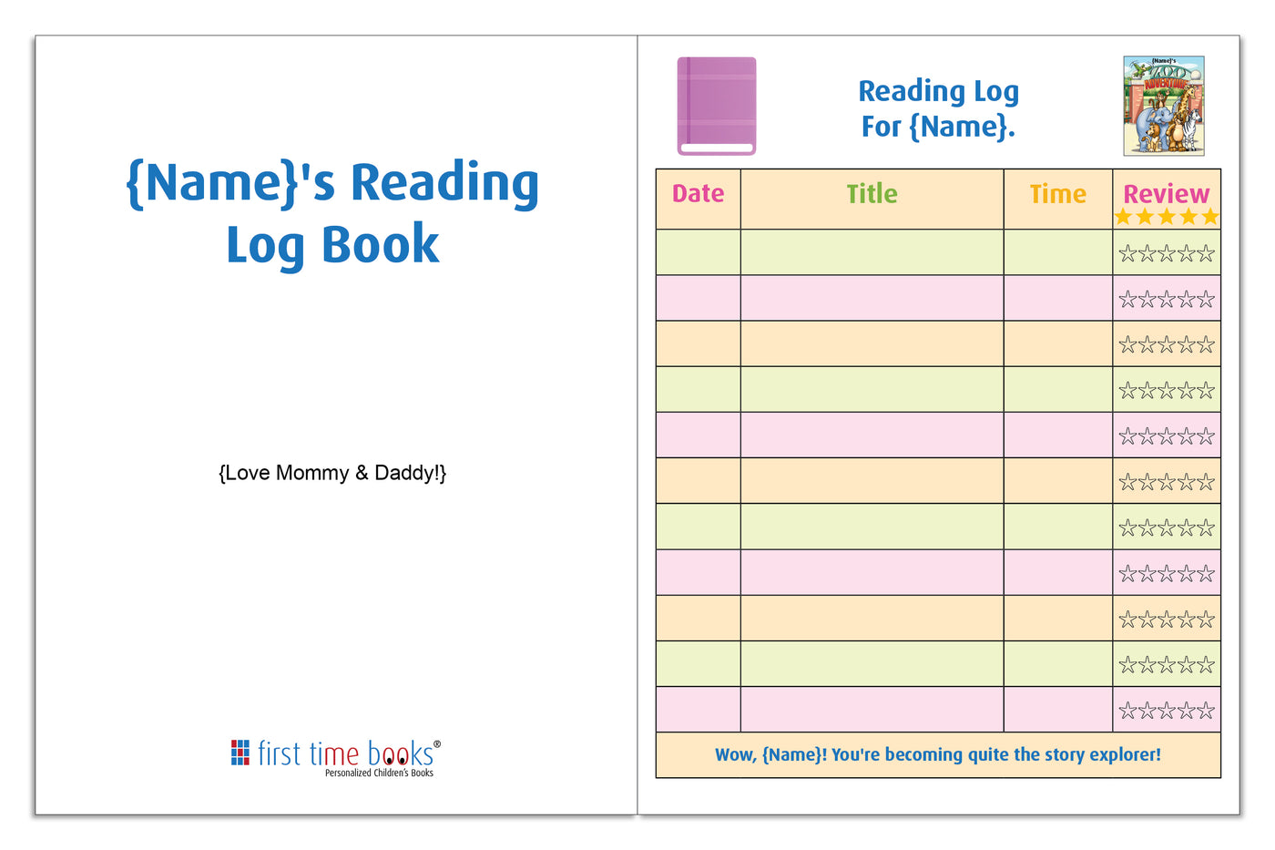 Personalized Reading Log Book interior spread for recording a child’s reading progress