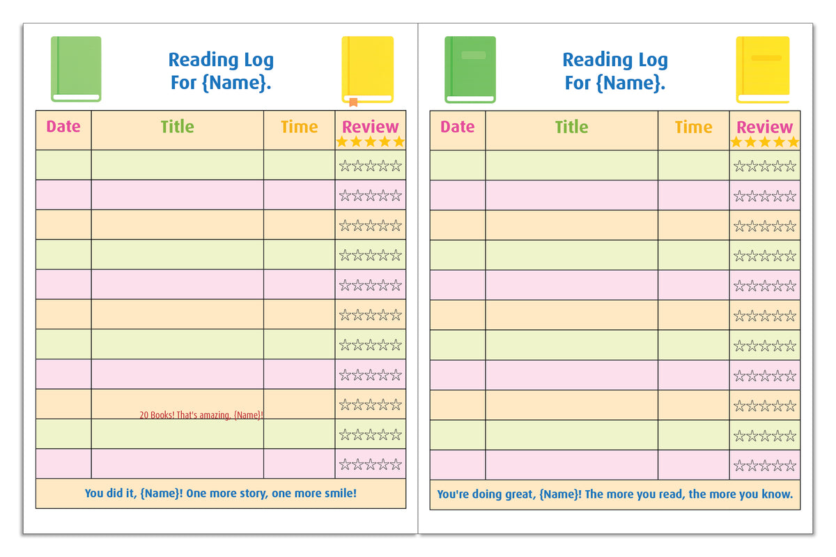 Reading log pages with spaces to record books read and reading time