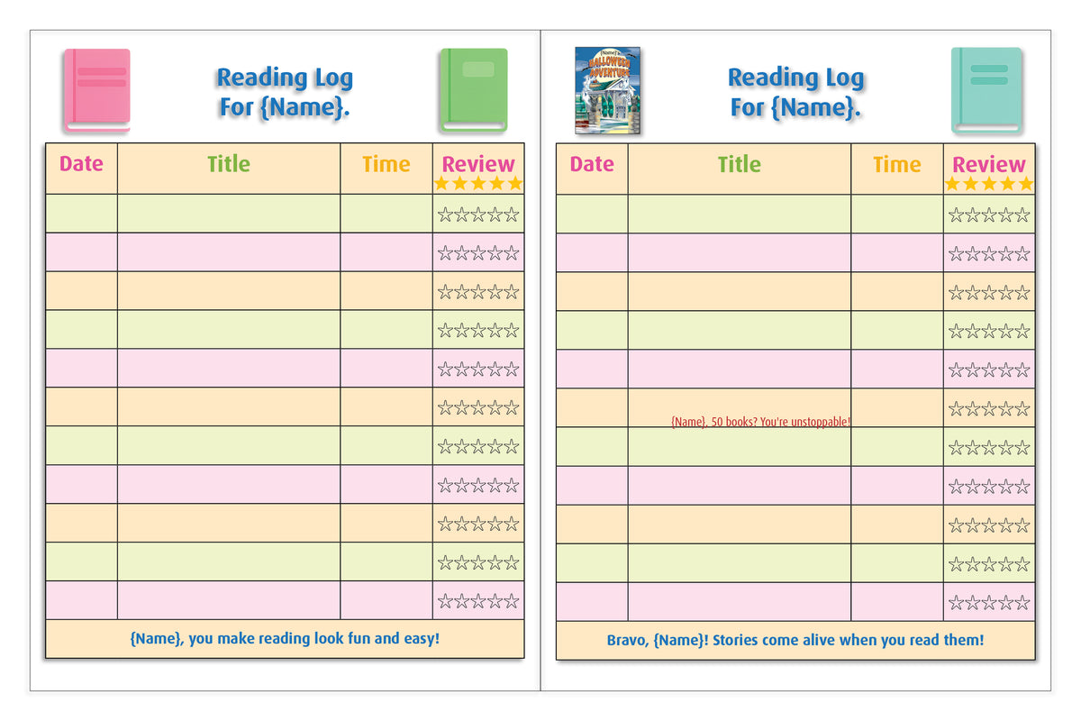 Personalized Reading Log Book pages for sharing thoughts about each story