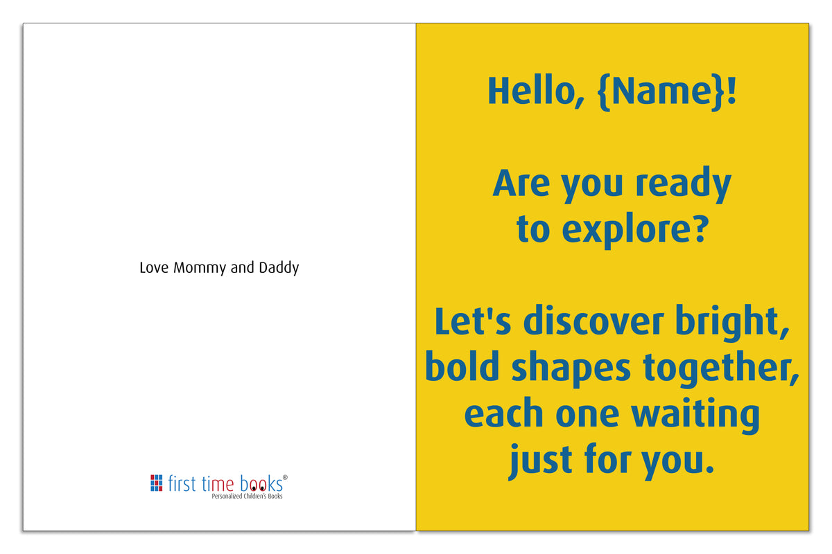 Wonderful World of Shapes opening spread with the child’s gift message and personalized greeting
