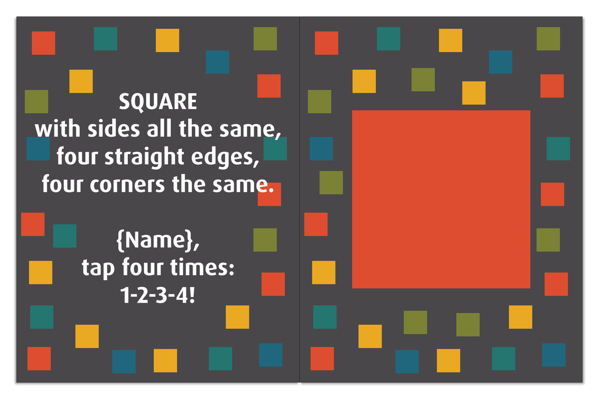 Personalized square spread inviting the child to tap four equal sides