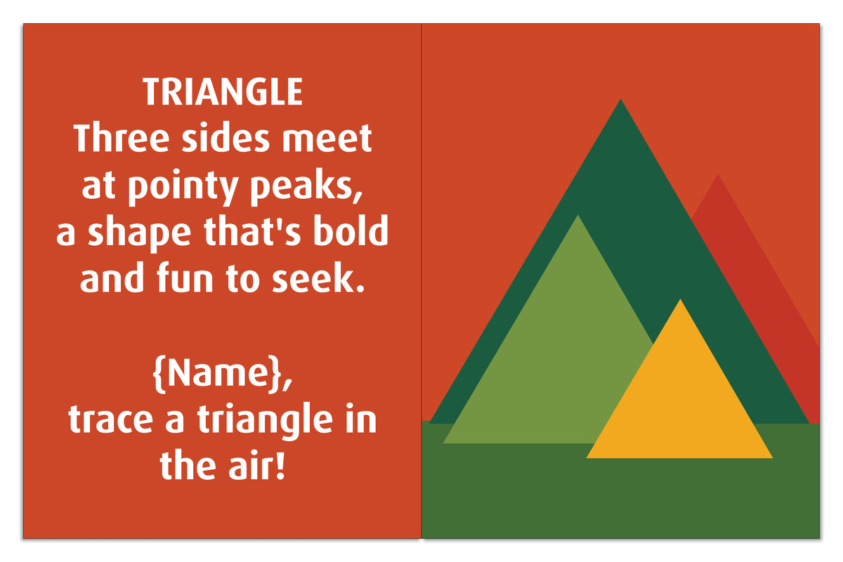 Personalized triangle spread inviting the child to trace three sides in the air