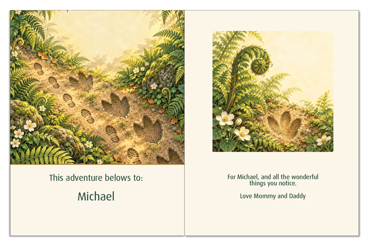 Personalized name and dedication pages for Michael, with dinosaur footprints and a gift message from Mommy and Daddy.