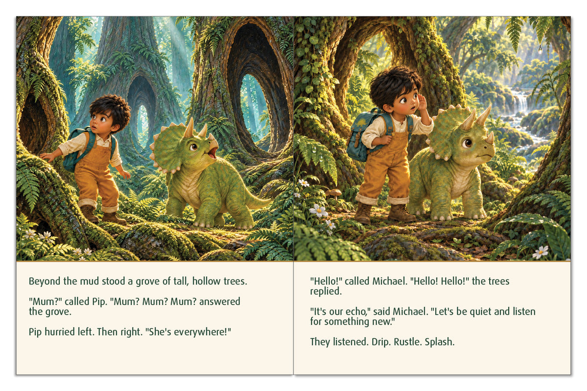 Michael and Pip explore a grove of hollow trees, hear their echoes, and pause to listen for clues.