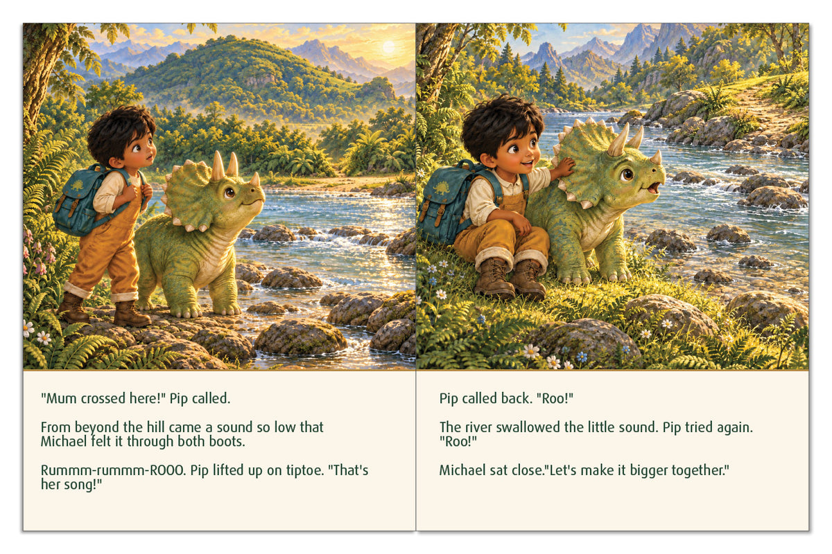 Michael comforts Pip beside the river as they listen for his mother and prepare to call out together.