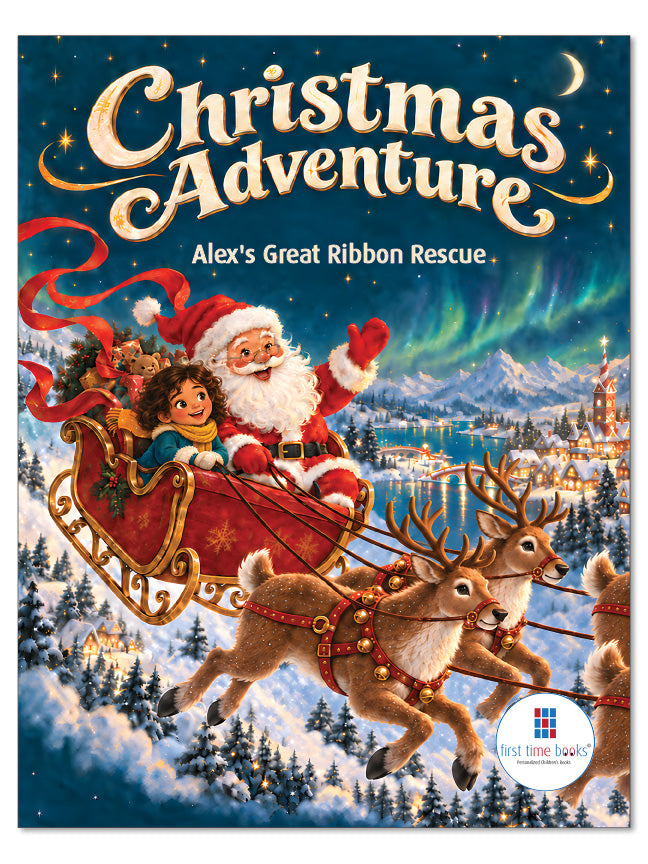 Personalized Christmas Book cover featuring the child in a North Pole adventure