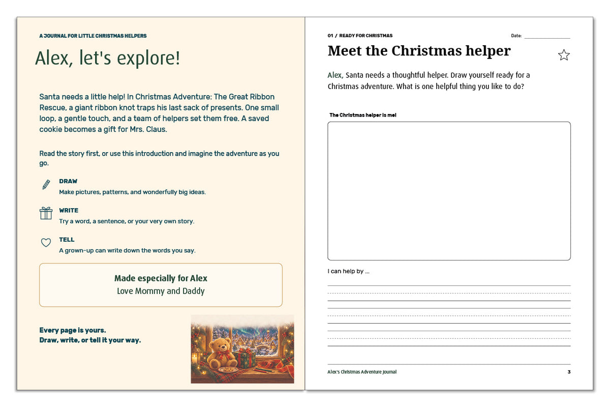 Christmas Adventure Journal welcome and gift message for Alex beside a draw-yourself-as-a-Christmas-helper activity.