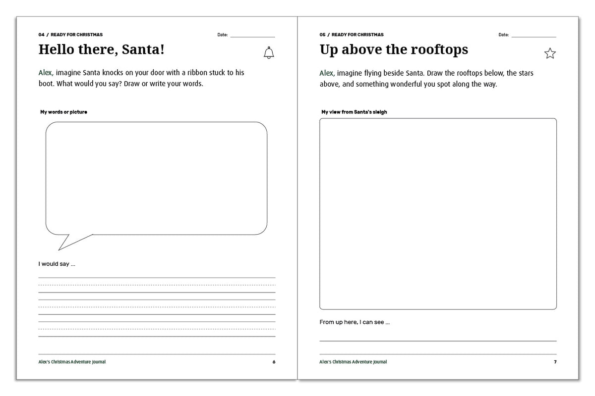 Christmas journal pages with a speech bubble for greeting Santa and drawing space for the view from his sleigh.