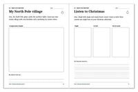Christmas journal activities for Alex: draw a North Pole village and explore Christmas sounds in three picture boxes.