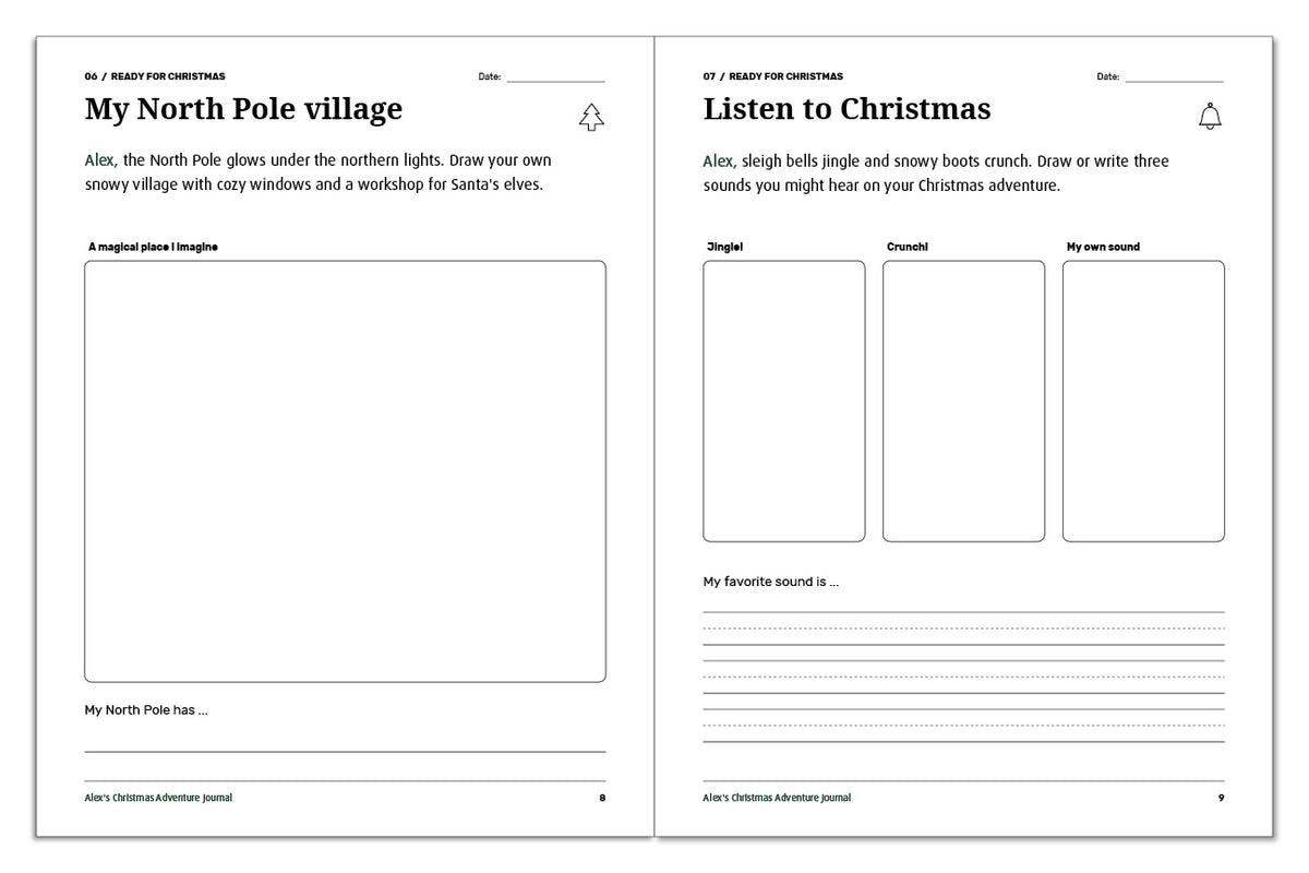 Christmas journal activities for Alex: draw a North Pole village and explore Christmas sounds in three picture boxes.