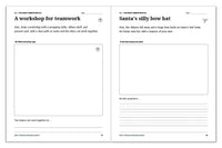 Christmas journal pages for drawing a teamwork-friendly workshop map and designing Santa's silly bow hat.