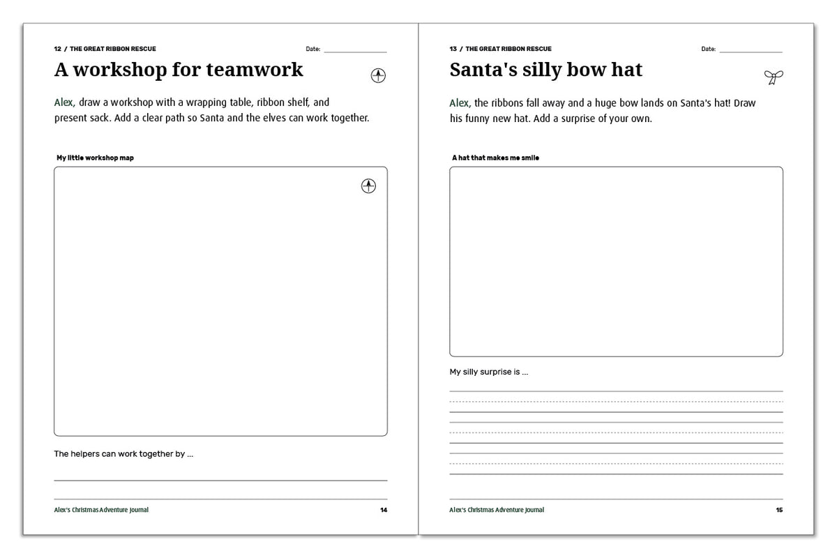 Christmas journal pages for drawing a teamwork-friendly workshop map and designing Santa's silly bow hat.