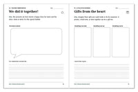 Christmas journal pages with a teamwork celebration speech bubble and gift ideas children can make, say, or do.