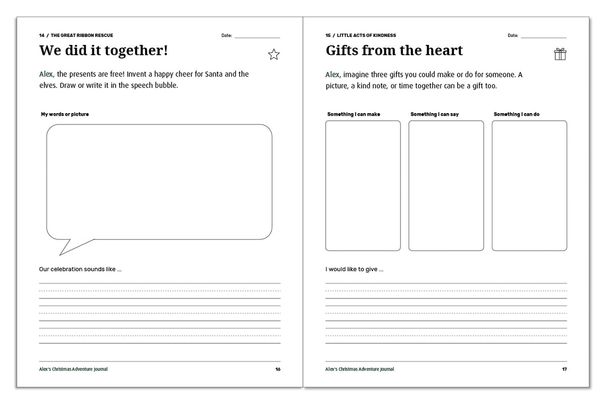 Christmas journal pages with a teamwork celebration speech bubble and gift ideas children can make, say, or do.