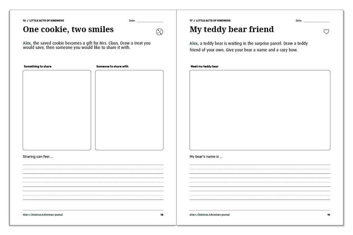 Christmas journal activities for Alex about sharing a treat and drawing and naming a teddy bear friend.