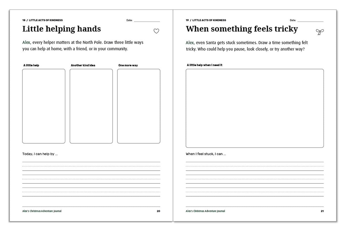 Christmas journal drawing and writing prompts about helping others and finding support when something feels tricky.