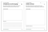 Christmas journal pages with a thank-you drawing and writing prompt and space to design a Christmas keepsake ornament.