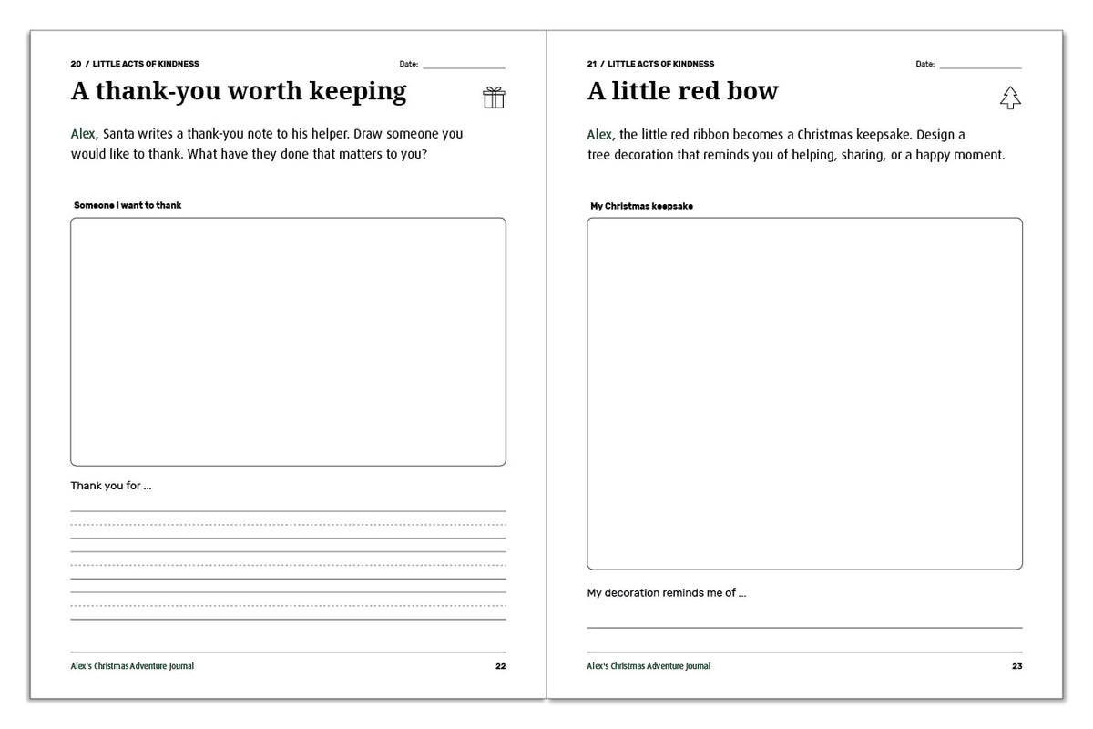 Christmas journal pages with a thank-you drawing and writing prompt and space to design a Christmas keepsake ornament.