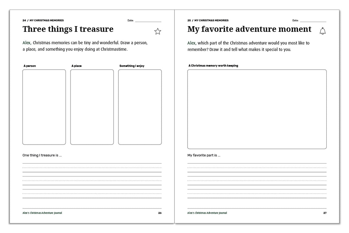 Christmas journal pages for drawing treasured people, places, and activities and a favorite Christmas adventure moment.