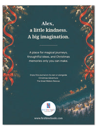 Christmas Adventure Journal back cover personalized for Alex, with a message about kindness, red ribbons, and a snowy village.