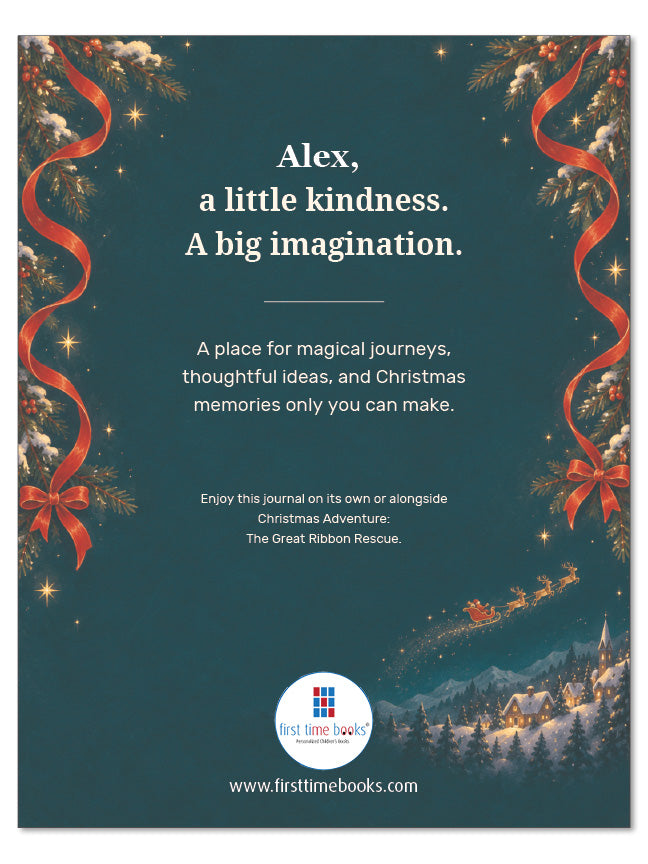 Christmas Adventure Journal back cover personalized for Alex, with a message about kindness, red ribbons, and a snowy village.