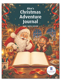 Alex's personalized Christmas Adventure Journal cover, with Santa and an elf beside an open journal in a festive workshop.