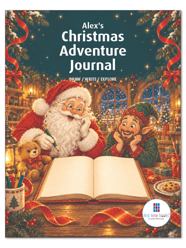 Alex's personalized Christmas Adventure Journal cover, with Santa and an elf beside an open journal in a festive workshop.